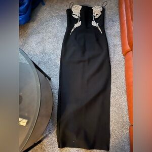 Fashion Nova Black Strapless Maxi Dress with Crystal Leaf Accents